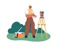 Surveyor works with theodolite for topography measurement. Surveying engineer, measuring equipment. Worker and land Royalty Free Stock Photo