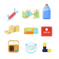 Survival emergency kit for evacuation, Items Active Rest. Vector Illustration Set Royalty Free Stock Photo