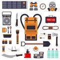 Survival emergency kit for evacuation vector objects set. Royalty Free Stock Photo