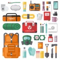 Survival emergency kit for evacuation vector objects set.