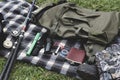 Survival in the forest. hike with a backpack in nature. Hobby men`s hunting and fishing