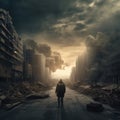 The Last One. A survivor walking alone among destroyed skyscrapers and smoldering ruins. Generative AI (Real 300 DPI)