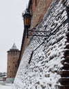 The surviving part of the Kremlin wall in the city of Kolomna. Fragment of the wall of the Kolomna Kremlin covered with snow Royalty Free Stock Photo