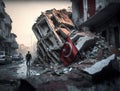 Survivor man walking among earthquake damaged buildings with national Turkey flag on ruins
