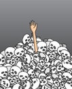 Survivor reaching hand among skulls