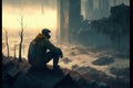 A survivor sits on a ruined building in a post-apocalyptic city. illustration painting