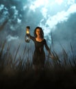 Survivor woman carrying an axe in field at night