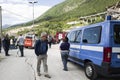 Survivors of earthquake on damaged road, Pescara del Tronto, Ascoli Piceno, Italy