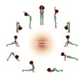 Surya Namaskar african american yoga vector illustration. Set of yoga poses. Woman yoga