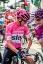 Susa, Italy May 26, 2018: Chris Froome in pink jersey and Elia Viviani in purple jersey speak in first