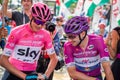 Susa, Italy May 26, 2018: Chris Froome in pink jersey and Elia Viviani in purple jersey speak in first