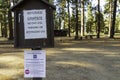 SUSANVILLE CALIFORNIA - SEPTEMBER 8, 2020 - Closure sign at deserted Eagle Lake campground pursuant to Forest Service order to Royalty Free Stock Photo