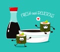 Fun rolls with fish and a cup of soy sauce. Vector illustration in cartoon style. Fresh and delicious.