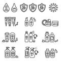 Sunscreen bottle set. vector of plastic container, cream packaging for sun screen lotion, skin cancer protection, spr