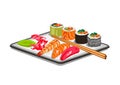 Plate with different rolls and sushi with salmon Royalty Free Stock Photo