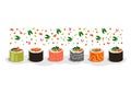 Composition of different rolls and sushi with salmon and caviar