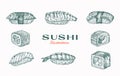 Sushi Abstract Vector Illustration. Hand Drawn Asian Food Sashimi Rise with Shrimp Tail, Salmon Fish Rolls Sketch Royalty Free Stock Photo