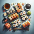 Sushi Advertising Background, Japanese Food Sushi Roll with Salmons. Maki Sushi Rolls. ai generative