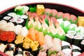 Sushi arranged in a traditional sushi tray Royalty Free Stock Photo