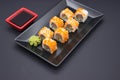 Sushi Arrangement with Soy Sauce and Wasabi Royalty Free Stock Photo