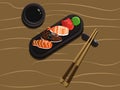 Sushi asian fish food realistic set with plate chopsticks and spices