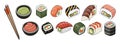 Sushi asian food with fish, rice vector set.