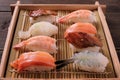 Sushi various assorted wood box tray take away Royalty Free Stock Photo