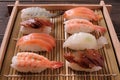 Sushi assorted wood box tray takeaway japanese food Royalty Free Stock Photo