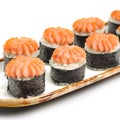 Sushi Baked Roll with mussels, Rice, Nori, Cheese, Salmon, Cucumbers, Mussels on white background Royalty Free Stock Photo