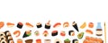 Sushi banner. Sushi and rolls horizontal background. Tobiko maki, philadelphia roll, onigiri, shrimp nigiri, tekkamaki