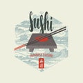 Sushi banner with sticks, tray and sea waves Royalty Free Stock Photo