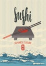 Sushi banner with sticks, tray and sea waves