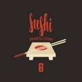 Sushi banner with tray, chopsticks and lettering Royalty Free Stock Photo
