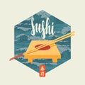 Sushi banner with tray, chopsticks and lettering Royalty Free Stock Photo