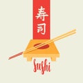 Sushi banner with tray chopsticks and lettering Royalty Free Stock Photo