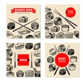 Sushi banners. Rolls with rice and fish with sauces wasabi natural japanese authentic cuisine recent vector hand drawn Royalty Free Stock Photo