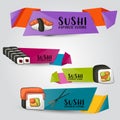 Sushi bar and asian restaurant horizontal banner set. Japanese food advertisement design template. Cute labels or stickers in a c