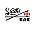 Sushi bar hand lettering modern calligraphy, emblem of Japanese food with icon shape of sushi, roll and sticks.Vector logo