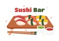 Sushi Bar Japan Asian Food or Restaurant of Sashimi and Rolls for Eating with Soy Sauce and Wasabi in Hand Drawn Illustration