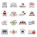 Sushi bar labels. Japan traditional seafood sushi rolls from salmon and rice recent vector stylized illustrations for Royalty Free Stock Photo