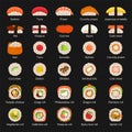 Sushi bar menu vector illustration. Sushi, sashimi, sushi rolls set. Royalty Free Stock Photo
