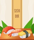 Sushi Bar Poster. Japanese nigiri on table. Asian food. Vector illustration Royalty Free Stock Photo