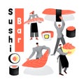 Sushi bar vector banner with funny characters, rolls and sushi. The chefs prepare sushi Royalty Free Stock Photo