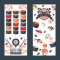 Sushi bar vertical banner, vector illustration. Asian food delivery, emblems for Japanese seafood restaurant, sushi and