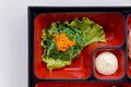 Sushi Bento Served with Japanese Rice Wraped with Seaweed and Shrimp, Kani and Tamagoyaki Sushi with Seaweed Salad. Royalty Free Stock Photo