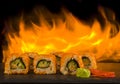 Sushi on a black background on fire lose-up