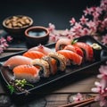 sushi on a black plate with cherry blossoms Royalty Free Stock Photo