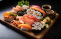 Sushi buffet, with an array of delectable shrimp rolls, meticulously crafted maki rolls. AI Generated