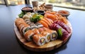 Sushi buffet, with an array of delectable shrimp rolls, meticulously crafted maki rolls, and perfectly seasoned rice