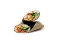 sushi burrito , sushiritto, with shrimp rice, spice sauce, cucummber, lettuce, nori, on a white background